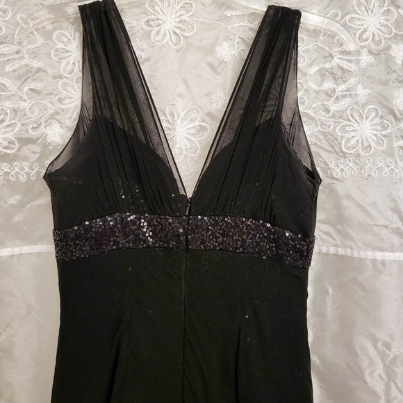 Black Sequin Evening Gown, Silk Chiffon Overlay, Aidan Mattox, 4 - Picture 15 of 17